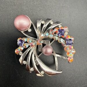 Vintage Weiss WW Bow Brooch Pink Cabochon AB Rhinestones Silver Tone Costume Pin